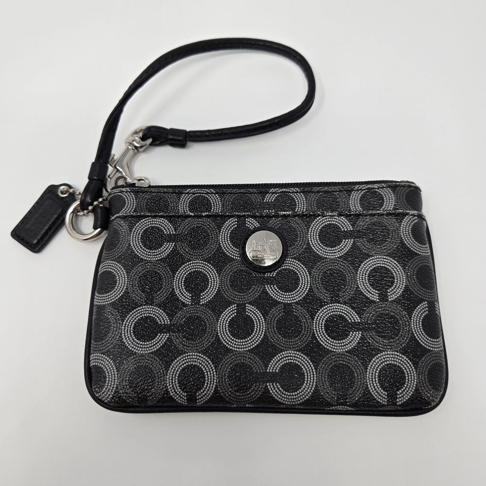 Coach Black Signature C Wristlet | Leather Strap | Silver Hardware Purle Inside